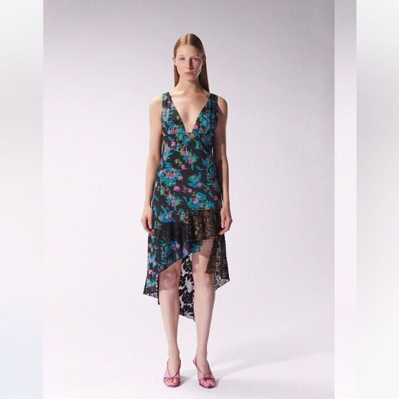 MACCAPANI Katie High Low Dress, Black Blue Floral, Size Large (8), Designer, NWT - Picture 8 of 11